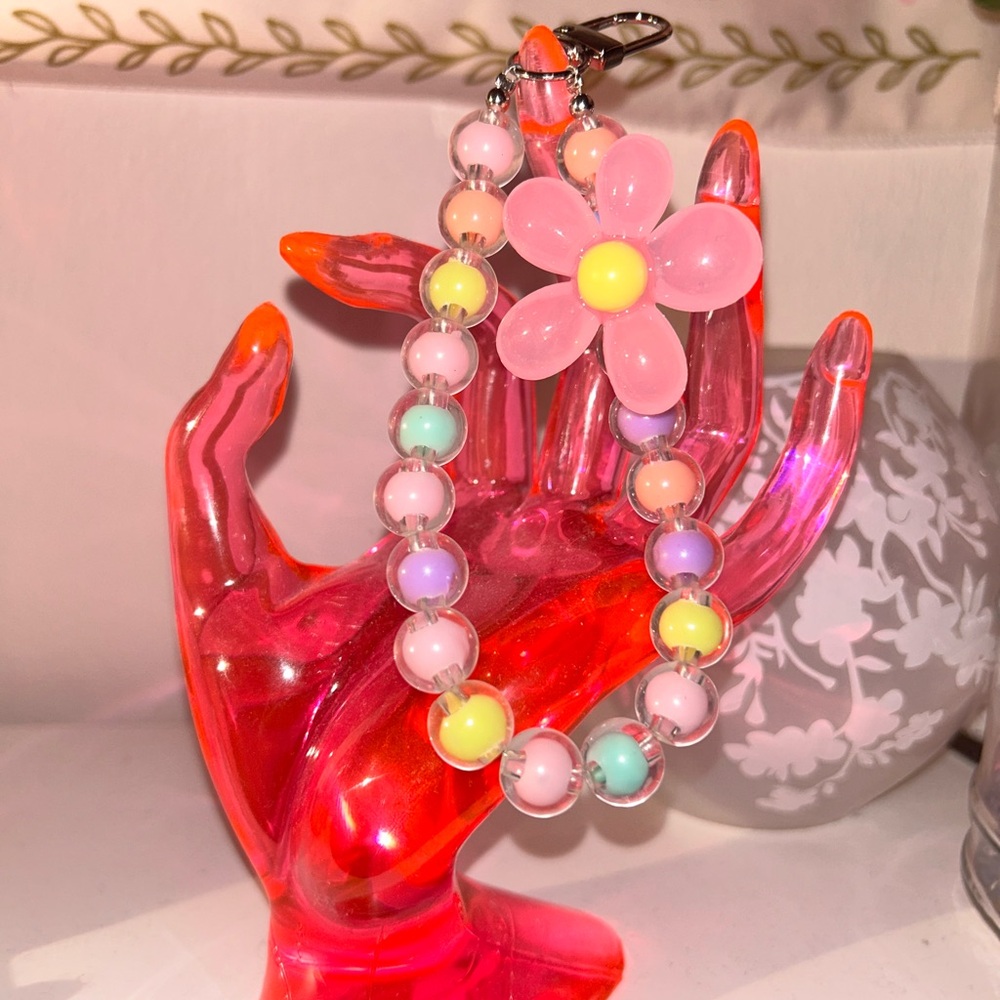 Colorful Beaded Keychain with Pink Flower